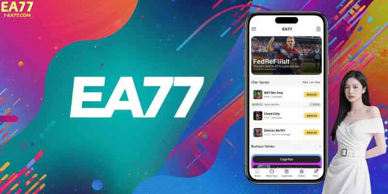 A vibrant banner showing the ea77 logo with a smartphone displaying a betting app interface