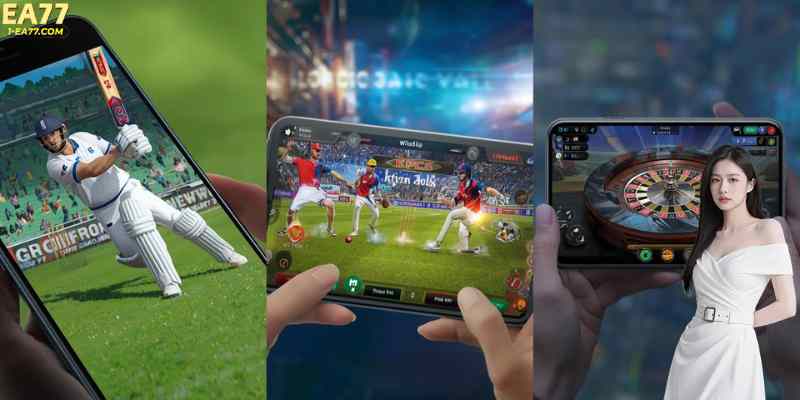A collage showing cricket, football, and casino games on mobile devices to illustrate game variety.